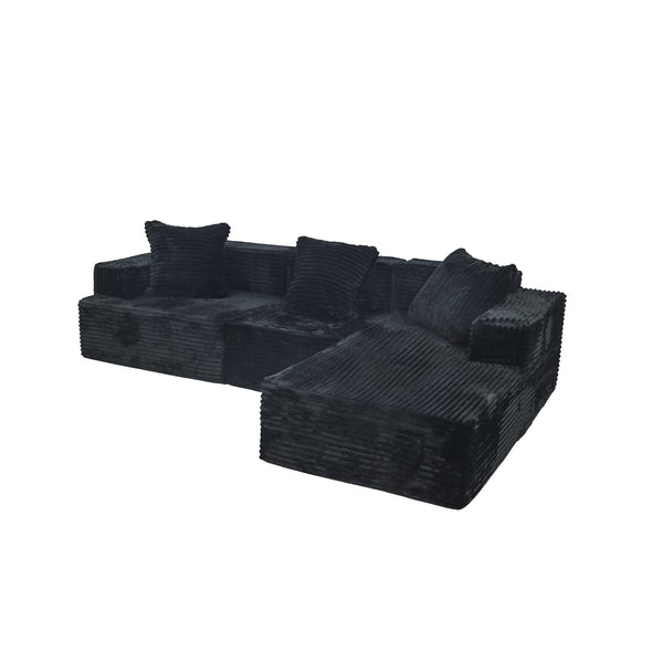 English Elm Compression Sectional Couch Plush Corduroy Chaise L-Shape Sleeper, Deep Seat Modular Sofa Black W3341P346292