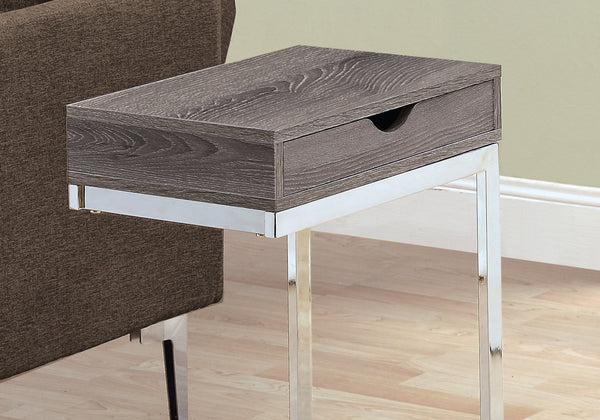English Elm Accent C-Table Taupe with Chrome Base, Snack & Storage Drawer, Modern Living Room Accent Piece B2710P219237