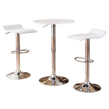 English Elm Baxton White Adjustable Height Wood and Chrome Metal Bar Table and 2 Chrome Air Lift Adjustable Swivel Stools Set