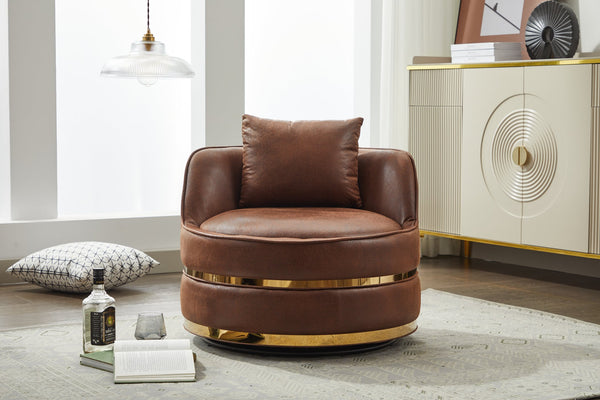 English Elm Swivel Velvet Accent Chair Brown — 360° Padded Barrel Club Chair with Stainless Steel Base, Cozy Durable W2915P234014