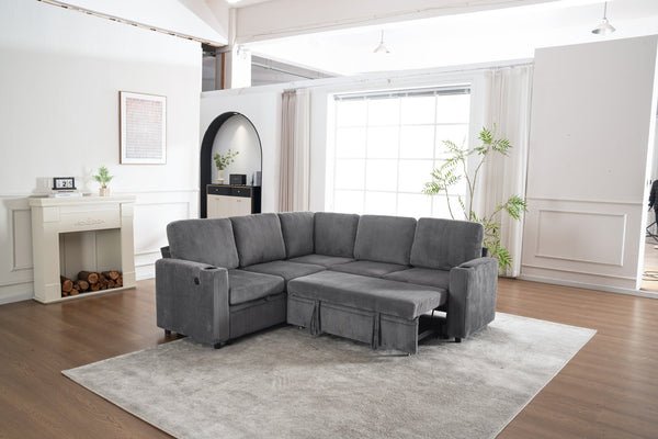 English Elm Sectional Corduroy Sleeper Sofa with Storage and Charging Ports for Small Spaces Grey W1361S00077