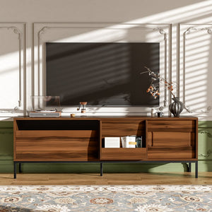 English Elm U-can Mid Century Walnut Media Console with Sliding Doors and Metal Frame for Living Rooms Brown N724P360370D