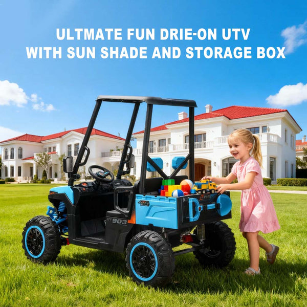 English Elm 24v Kids Electric Golf Cart Two Seat 4wd Ride on Toy with Remote and Sun Shade Blue W3822P387461