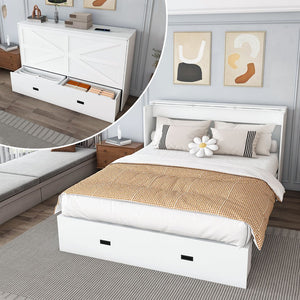 English Elm 57 Inch Murphy Bed Cabinet with Storage Drawers Charging Station and Rolling Casters White W509S00155
