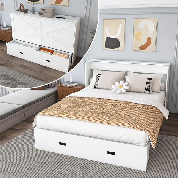 English Elm 57 Inch Murphy Bed Cabinet with Storage Drawers Charging Station and Rolling Casters White W509S00155