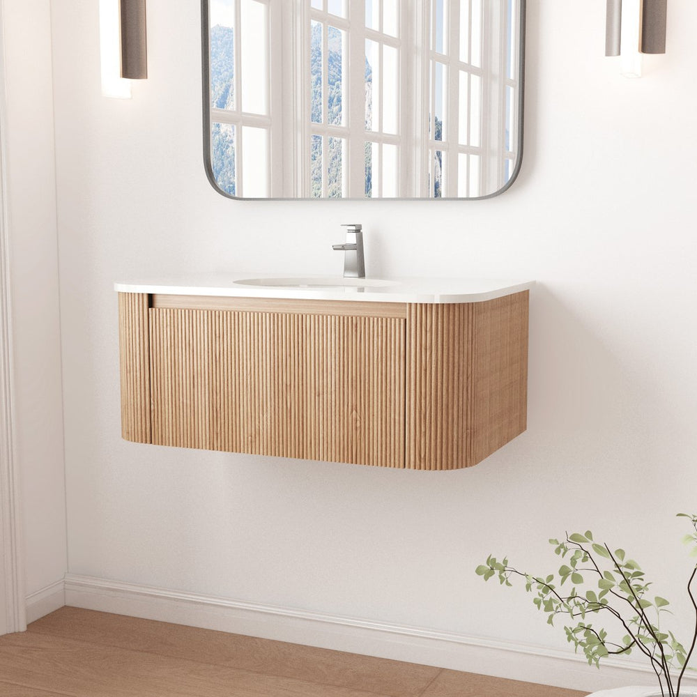 English Elm Arcora Floating Wall Vanity with Marble Ceramic Sink Slatted Wood Spa Design W3235S00007