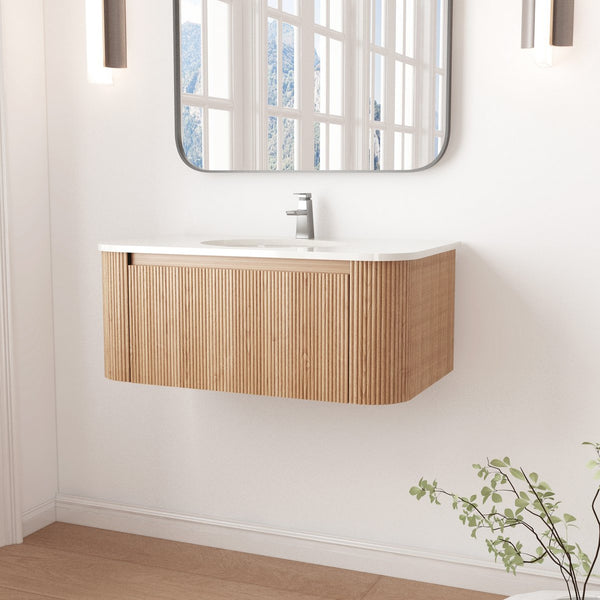 English Elm Arcora Floating Wall Vanity with Marble Ceramic Sink Slatted Wood Spa Design W3235S00007
