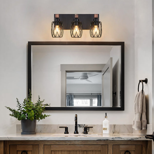 English Elm 18" Industrial Vintage 3-Light Wall Sconce Black Cage with Walnut Wood Accents for Bath Hallway W2312P374837