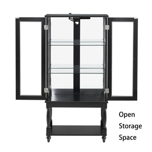 English Elm Curio Lighted Display Cabinet with Mirrored Back, Tempered Glass Doors, Solid Wood Legs, Compact Black W1693P216943