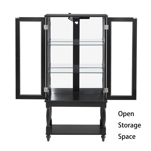 English Elm Curio Lighted Display Cabinet with Mirrored Back, Tempered Glass Doors, Solid Wood Legs, Compact Black W1693P216943