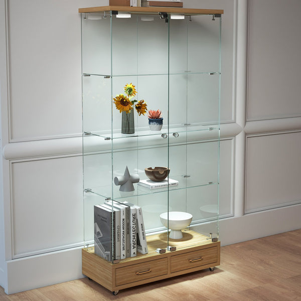 English Elm Modern Glass Display Cabinet With Led Lighting, 2 Drawers & 4 Shelves For Stylish Storage Solutions W241S00060