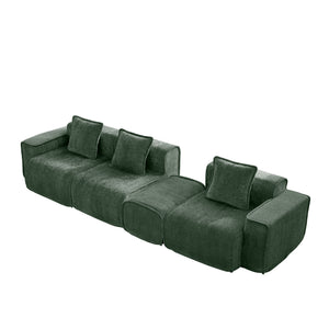 English Elm Streamlined Velvet L-shaped Sectional Sofa with Ottoman and Cloud Cushion Living Room Green W3041S00366