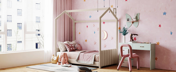 English Elm Twin House Bed Velvet Upholstered Peaked Roof Frame for a Cozy Kids Bedroom LP100125AAA