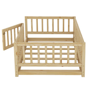 English Elm Twin Oak Montessori Floor Bed with Fence & Door, Twin Slatted Pine Frame, Low Profile for Kids (Natural) W1820P349300