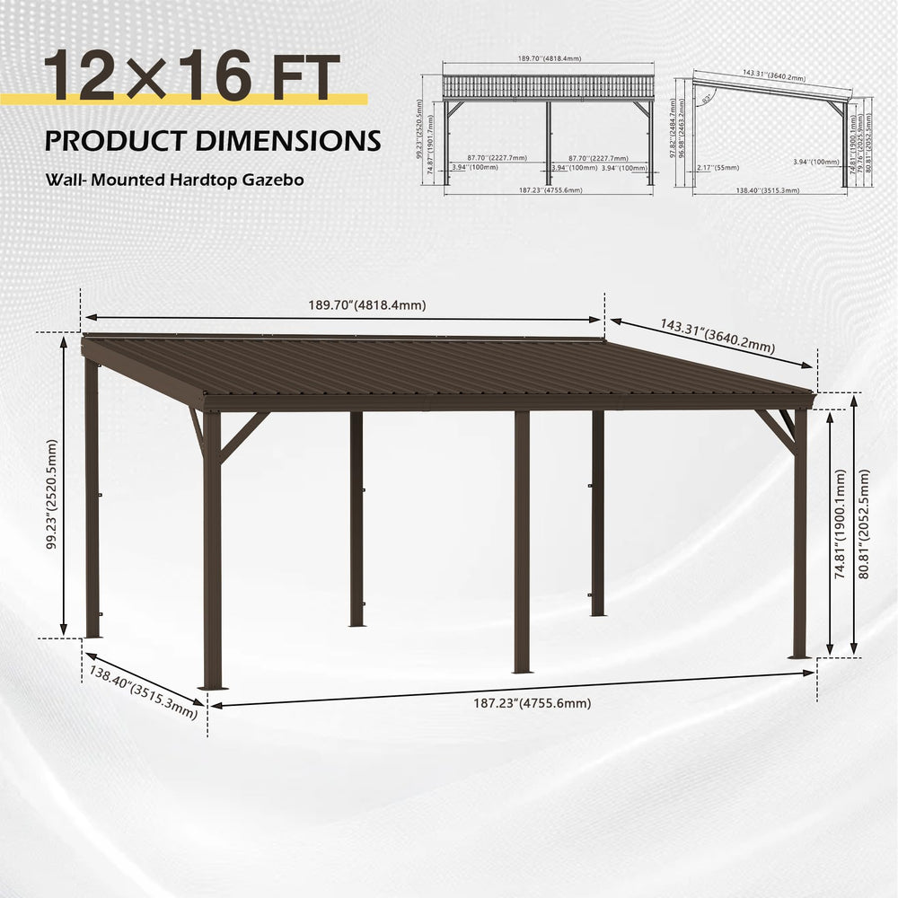English Elm 10'x16' Wall Mounted Hardtop Gazebo Galvanized Steel Roof Patio Lean to Canopy Brown W1859S00224