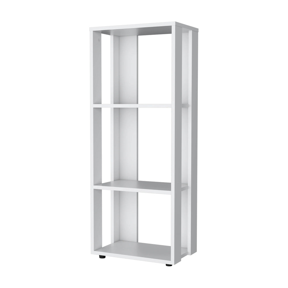 English Elm White Slim Bookcase with Three Open Shelves, Melamine Particle Board Storage for Small Spaces, Modern White Finish – Sleek Organizer for Books & Decor (39.4" H) B062P290265
