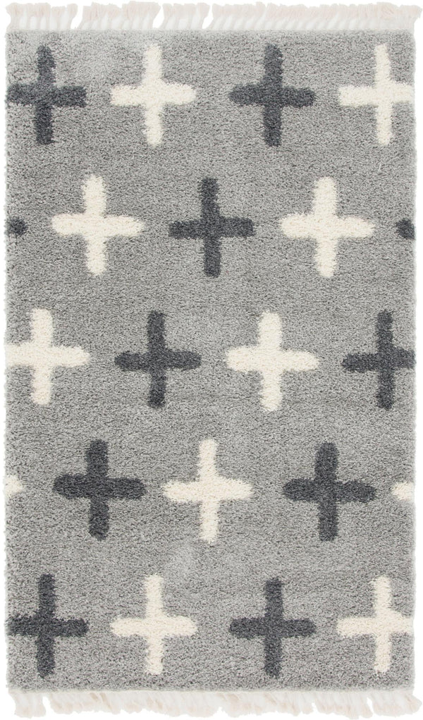 Unique Loom Hygge Shag Positive Machine Made Geometric Rug Light Gray, Gray/Ivory 5' 1" x 8' 0"