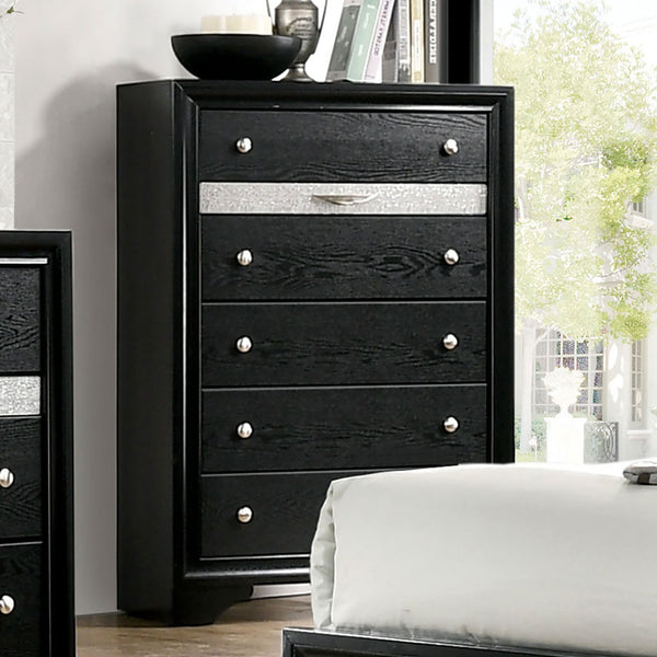 English Elm Contemporary Chic Chest with Gold Accents, Acrylic Trim, Metal Bracket Legs and Dust‑Proof Drawers Black 38 L x 20 W x 56 H B2741P375927