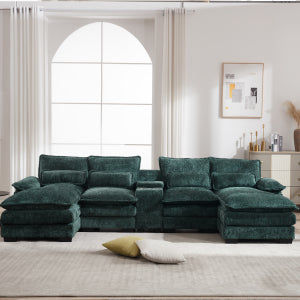English Elm Modern U-Shaped Sofa With Console, Cupholders & Usb Ports - Stylish 6-Seat Sleeper Couch Set In Green W2100S00167
