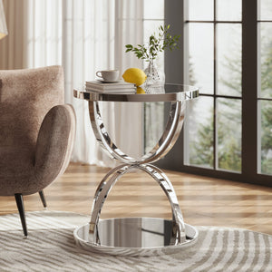 English Elm 19.69'' Round Chrome Side Table Dual Tier Gray Tempered Glass Glam Modern Accent W757P412806