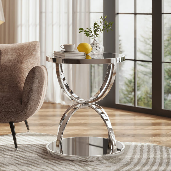 English Elm 19.69'' Round Chrome Side Table Dual Tier Gray Tempered Glass Glam Modern Accent W757P412806