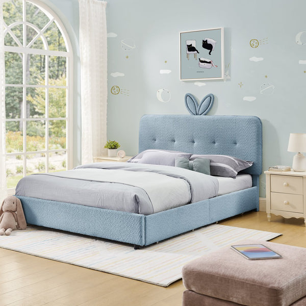 English Elm Full Size Kids Storage Bed Boucle Upholstered Rabbit Ear Headboard with Led Lighting Navy W1413P384925