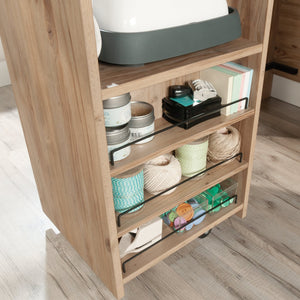 English Elm Craft Station with Drop-Leaf Extension, Brown Khaki Pine Finish — Compact Crafting Workstation w/ Storage B356P402737