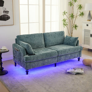 English Elm Modern chenille 2-seater sofa with LED, USB charging, storage pocket, solid wood legs, durable comfort Lake Blue W395P318545