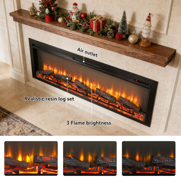 English Elm 54 Inch Recessed Electric Fireplace with Led Flame Display and Remote for Living Rooms W1769P415223