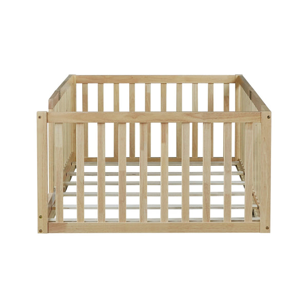 English Elm Twin House Frame Floor Bed Rubberwood with Roof Canopy and Safety Rails for Kids Natural W504P429531