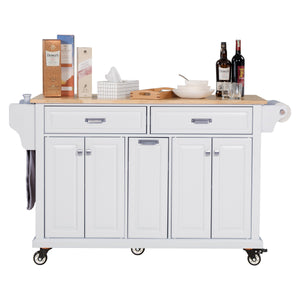 English Elm Kitchen Island Rubber Wood Countertop Mobile Cart with Towel & Spice Racks, Drawers, Storage Wheels White W914P147990