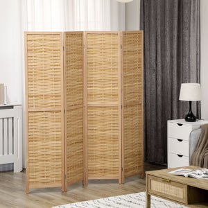 English Elm HOMCOM 4-Panel Reed Room Divider 5.5ft Folding Privacy Screen, Hand-Woven Freestanding Partition for Home Office Natural Wood W2225P229151