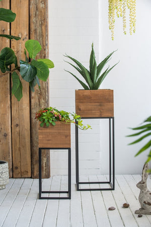 English Elm Set of 2 Reclaimed Wood Box Plant Stands with Iron Legs for Farmhouse Decor W2078P496651