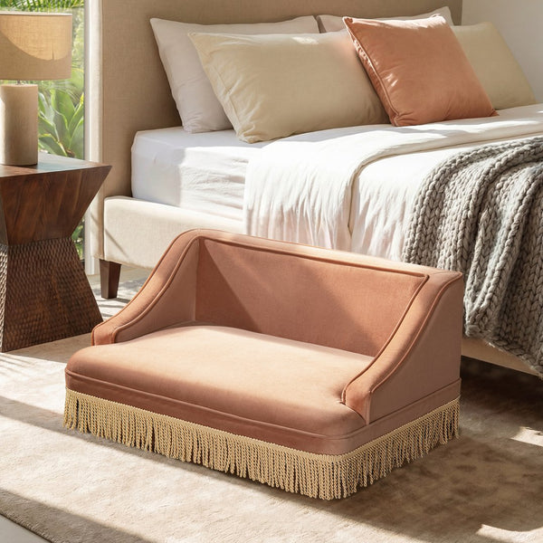 English Elm Duchess Regency Tufted Pet Sofa with Fringe Skirt Velvet Upholstery for Small Dogs Orange B2719P479029