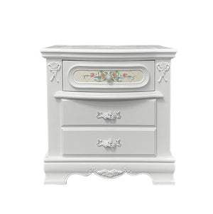 English Elm Traditional Nightstand with Floral Decals and Rope Moldings, Crown Molding Accent, Charming Princess Appeal White 19 L x 30 W x 28 H B2741P322305