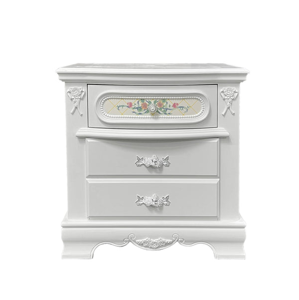 English Elm Traditional Nightstand with Floral Decals and Rope Moldings, Crown Molding Accent, Charming Princess Appeal White 19 L x 30 W x 28 H B2741P322305