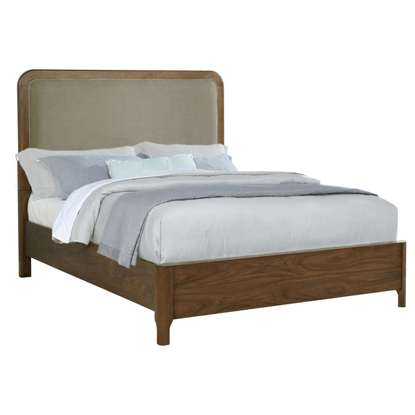 English Elm Verona Queen Panel Bed Walnut Veneer Frame with Padded Taupe Upholstered Headboard B062S01591