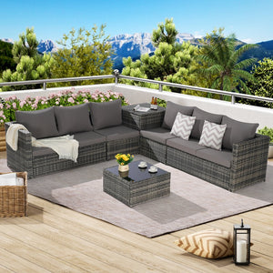 English Elm 6 6-Piece Wicker Patio Sectional Set with Tempered Glass Coffee Table, Weather-Resistant Rattan Sofa Dark Gray W874S00029