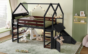 English Elm Full Size Pine Loft Bed House Frame with Slide Bookshelves and Moon Star Rails W1580S00314