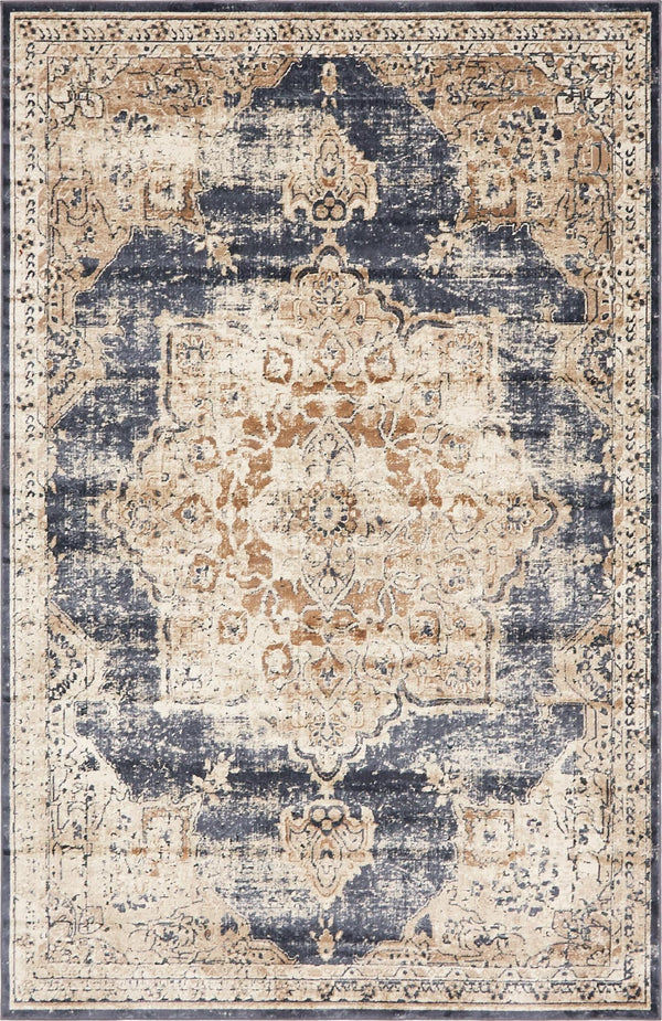 Unique Loom Chateau Roosevelt Machine Made Border Rug Dark Blue, Beige/Brown/Ivory 6' 1" x 9' 0"