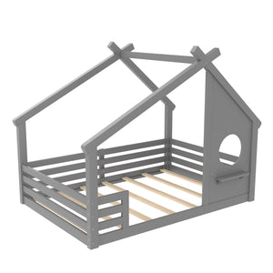 English Elm Twin House Bed Low Profile Pine Wood Frame with Shelf Montessori Kids Floor Sleeping Gray W5305P429646