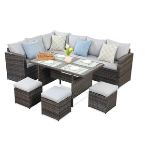 English Elm 7 Piece Outdoor Wicker Dining Set Modular Sectional Sofa Ottomans and Patio Table Grey+Brown B082S00077