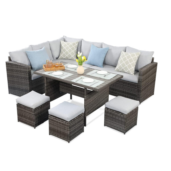 English Elm 7 Piece Outdoor Wicker Dining Set Modular Sectional Sofa Ottomans and Patio Table Grey+Brown B082S00077