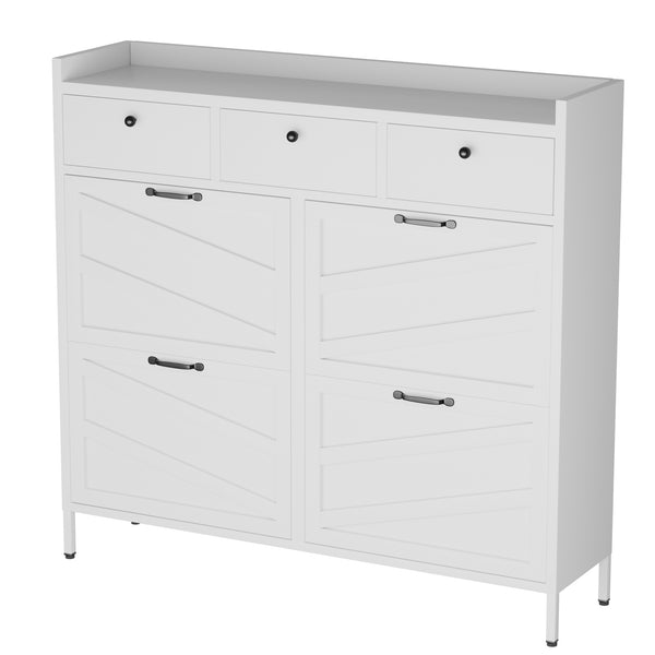 English Elm Metal Powder Coated Steel Shoe Cabinet Slim Entryway Organizer with Seven Drawers White T2398P413026