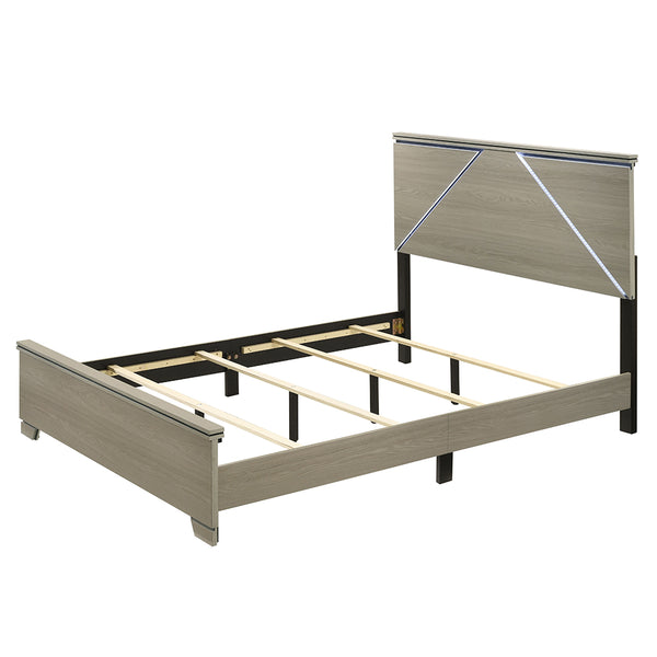 English Elm Modern Queen Size Bed with LED Headboard, Weathered Gray Wood Frame, Sturdy Legs, Easy Ship B2741P404874