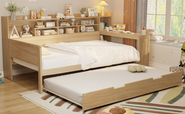 English Elm Wooden Twin Daybed with Trundle Built-in Desk and Open Shelves for Kids Rooms Natural N733S373389M