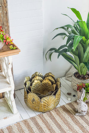 English Elm Set of 3 Zinc Metal Planters with Distressed Golden Finish for Indoor Outdoor Display W2078P499530