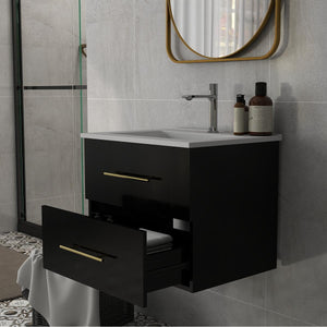 English Elm 24-Inch Wall-Mounted Bathroom Vanity With Ceramic Sink, Gold Handles & Double Drawers For Small Spaces W3151S00036