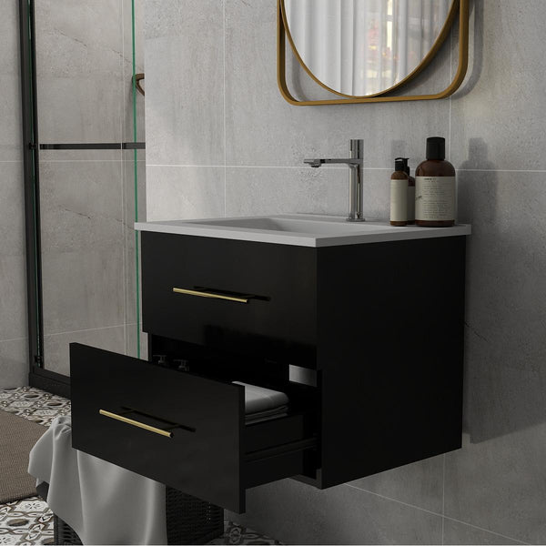 English Elm 24-Inch Wall-Mounted Bathroom Vanity With Ceramic Sink, Gold Handles & Double Drawers For Small Spaces W3151S00036
