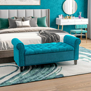 English Elm HOMCOM Tufted 50" Storage Ottoman Bench with Rolled Arms, Velvet Seat, Wooden Legs & Safety Hinge (Teal) W2225P229390